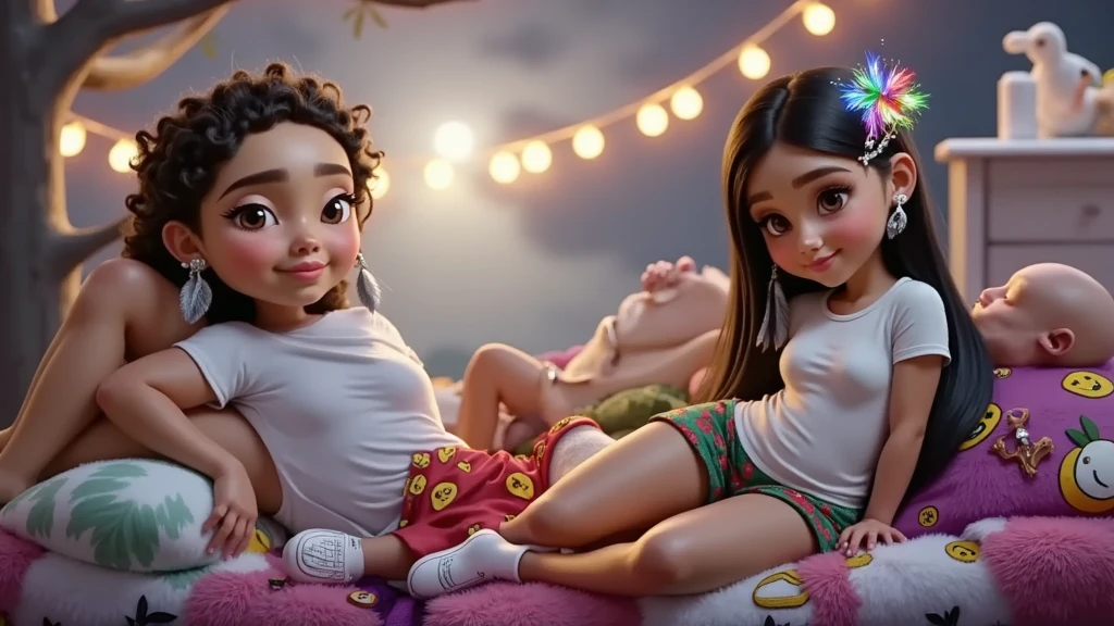 A 3D rendering of three Disney Pixar style girls sleeping in Christmas-themed pajamas. The pajamas are red with yellow emojis. The boy is in the center, between two girls who are directly sucking with their mouths something liquid that drips below the boy's navel. The girls' lips almost touch each other on purpose, the boy. The boy has very light brown, curly hair and tanned skin. On the left side we have a girl with straight black hair down to her waist and wearing a colorful feather earring, she is Brazilian Indian. The second girl has long black curly hair tied into two ponytails. The boy and girls are beautiful, sensual and seductive, they are definitely all sleeping peacefully, with their eyes closed and lying on a beautiful white carpet with a slight smile and leaning against each other. The background contains a bright star, a full moon and a sky full of stars. Babies are lying on white clouds. The image is high resolution and high quality. One of the girls caresses his male reproductive organ, which soon becomes rigid, attracting the attention of the other girl, who has her mouth very close to the area below the boy's navel.