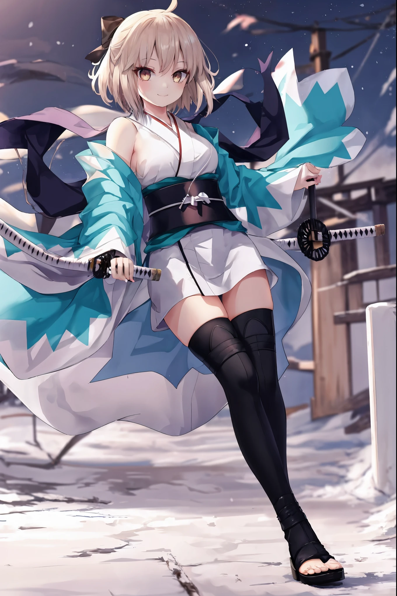 masterpiece, best quality, integrated scenery, integrated background, extremely delicate and beautiful, meticulous details, good composition, , cute face, perfect face, perfect hands, 1girl,okita souji \(FGO\), white_nosleeves_short_kimono,
smile,dynamic_prepare_katana_posing,happy,gold_half_eyes, thigh-highs, straw_sandals,medium_breasts, midriff , right leg forward ,arm_holding_a_katana, 1katana, katana_sheath_without_katana,night,old_japanese_city_landscape_background,black_long_muffler,katana_blade_in_front_of_girl,knee,