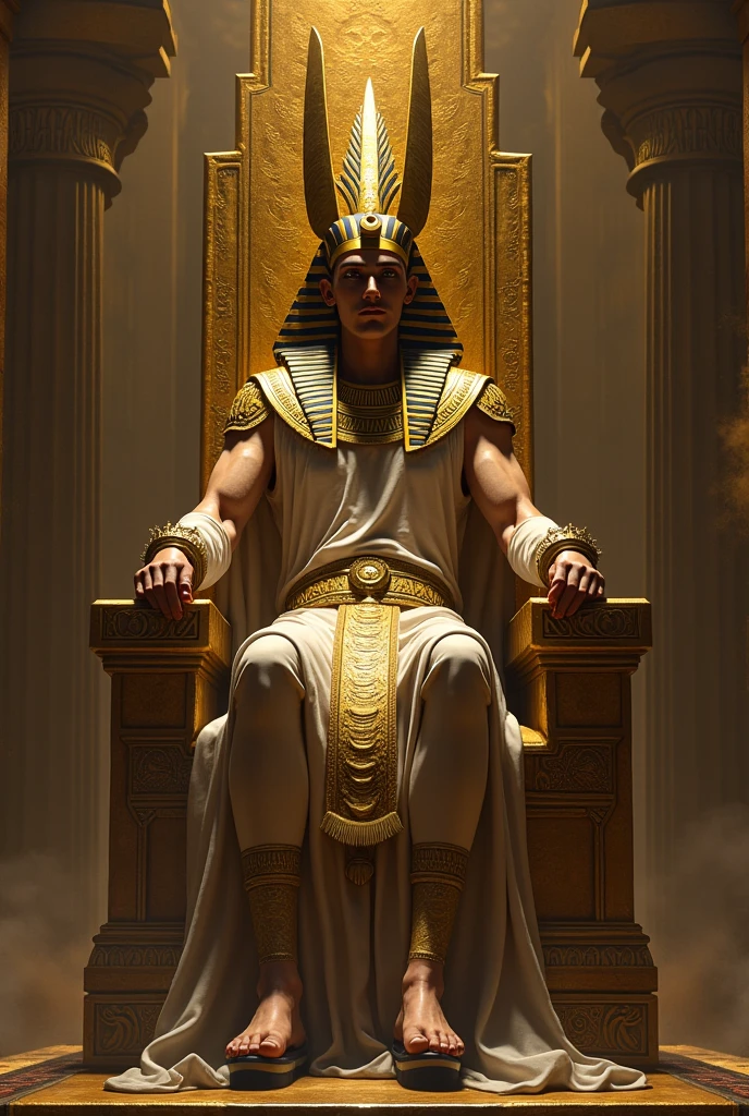 god Horus sitting on a palace throne in Egypt , with muscular physique,eagle mask, Egyptian warrior armor,estilo anime, olhando para a frente --auto --s2