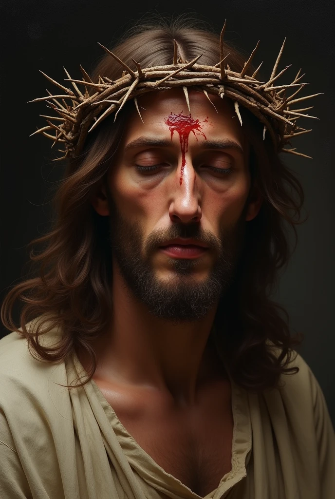 Portrait of the face of Jesus crucified with a crown of thorns on his head full of wounds