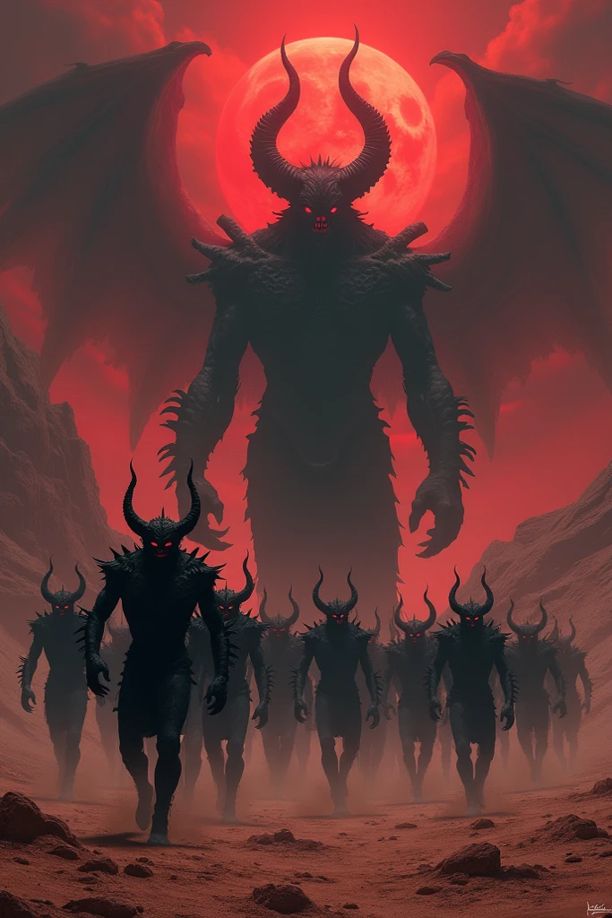 Demons gather around the demon king, Satan. Their eyes are red and terrifying, and they have muscles.  