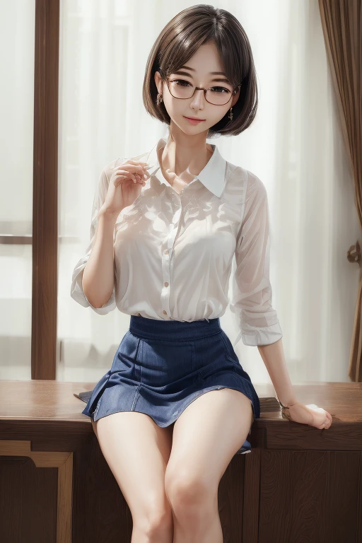 (( best quality)), ((傑 best quality、masterpiece、High sensitivity、 high definition 、 Details、 Delicate Facial Description)), Slender woman、Glasses、 Mini Skirt、Holding my knees、sit、