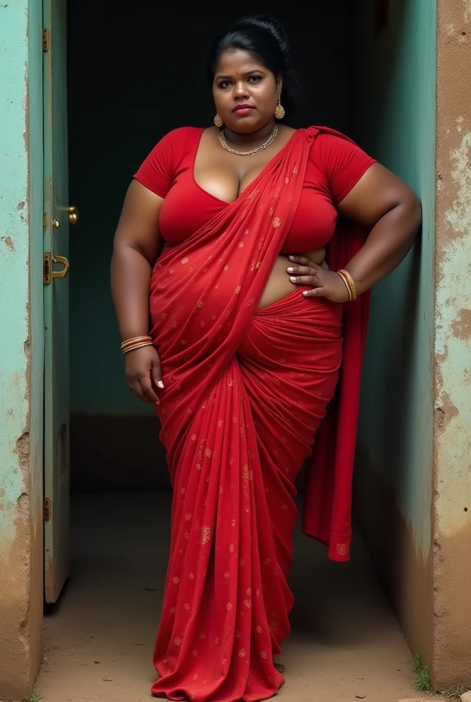 A indian.plus size bhabhi wearing red saree and pink blouse, she has big belly wide hips, big buttocks , fat legs