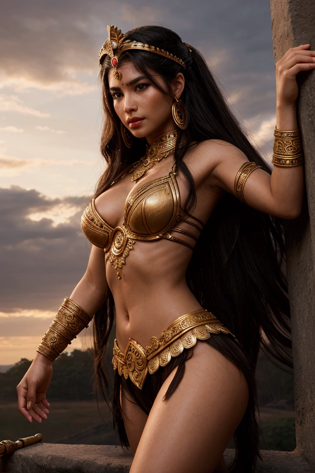 8k, RAW photo, (highly detailed skin:1.2), 1 woman, full-length portrait of barbarian princess of the fantasy world with full soft breasts and white skin, -- pose: standing arrogant, ((fully naked body:1.7, golden armlets, golden anklets, skimpy bikini armor)), (thin slender body), (visible muscle definition), soft white skin, black pubic hair,  (big breasts), very thin waist, ((long black hair, voluminous hairstyle with straight curls)), (masterpiece), realistic light, detailed skin texture, hyper detailed, best quality, (((background: inside stone barbarian fortress)))