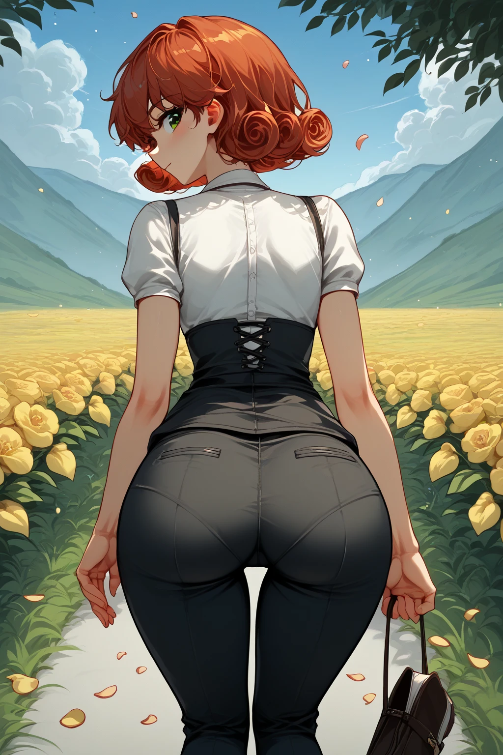 source_anime, score_9, score_8_,  a girl nSpenny Stardew,  green eyes ,  short hair,  red hair , toys,  curly hair, from behind, black legging pants and short yellow V-neck blouse with neckline,  looking back, spring, cherry petals , Outdoors your ass stands out on the dress,  PERKY ASS  ,  steep,Your dress is glued to the body,sexy,dress in the wind , ((woman))