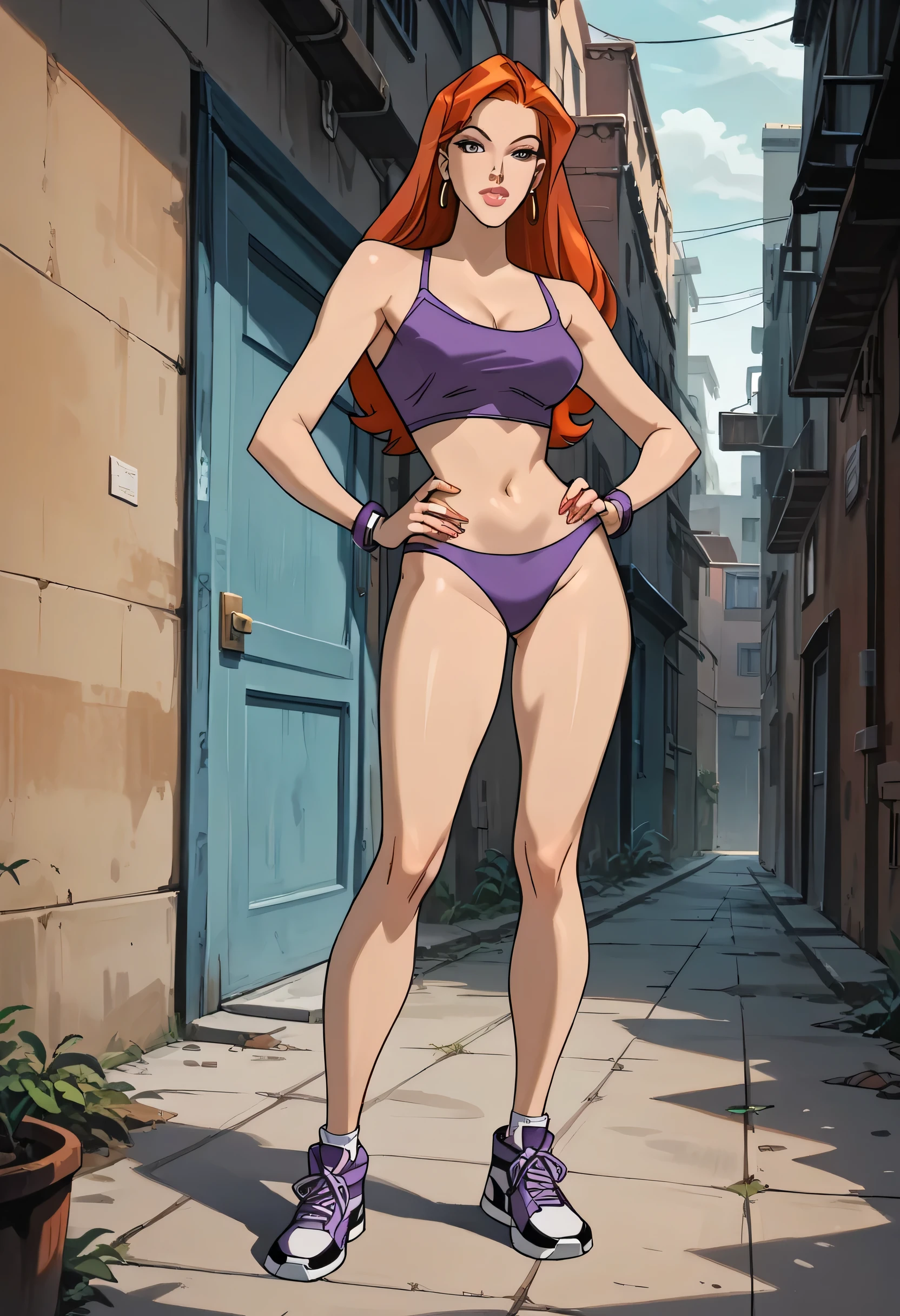 Masterpiece, best quality, Masterpiece, best quality, 1 woma , long orange hair , lips , purple bikini , big breasts , abdomen , hands on your hips.. , thighs , long legs , sneakers , alley background , anime coloring,