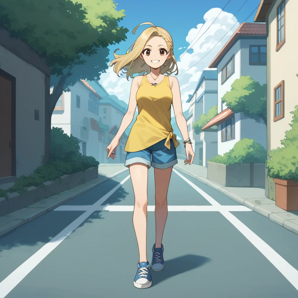 Women, long loose blond hair,  brown eyes, smile, pechos grandes , sleeveless yellow top with short neckline . bare abdomen. blue shorts . shoes.  bottom of a road with ocean view. 1 girl alone.