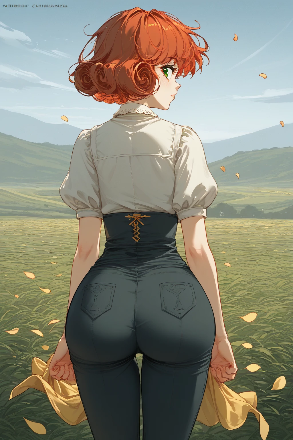 source_anime, score_9, score_8_,  a girl nSpenny Stardew,  green eyes ,  short hair,  red hair , toys,  curly hair, from behind, black legging pants and short yellow V-neck blouse with neckline,  looking back, spring, cherry petals , Outdoors your ass stands out on the dress,  PERKY ASS  ,  steep,Your dress is glued to the body,sexy,dress in the wind , ((woman))