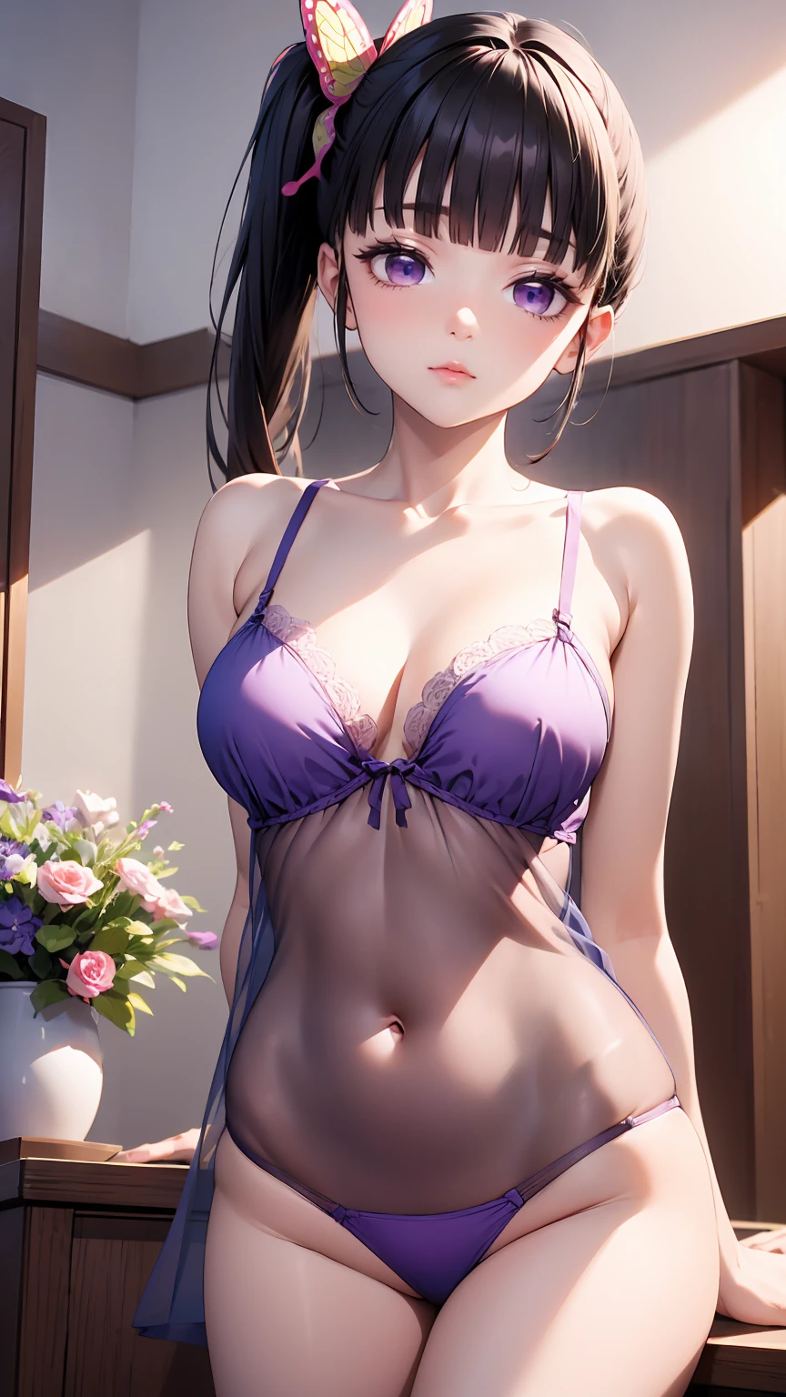 8K, aesthetic, delicate girl in thin pink bikini and shy long hair, solo, open door, a jar of flowers hanging on the wall, a room decorated with plants, sunlight illuminates flowers, full body photo, barefoot, standing, tights, straight eyes, cleavage, hands hanging down naturally, perfect body, royal sister,,, photos, crotch cracks are clearly visible, two points on the chest are clearly visible, body art))