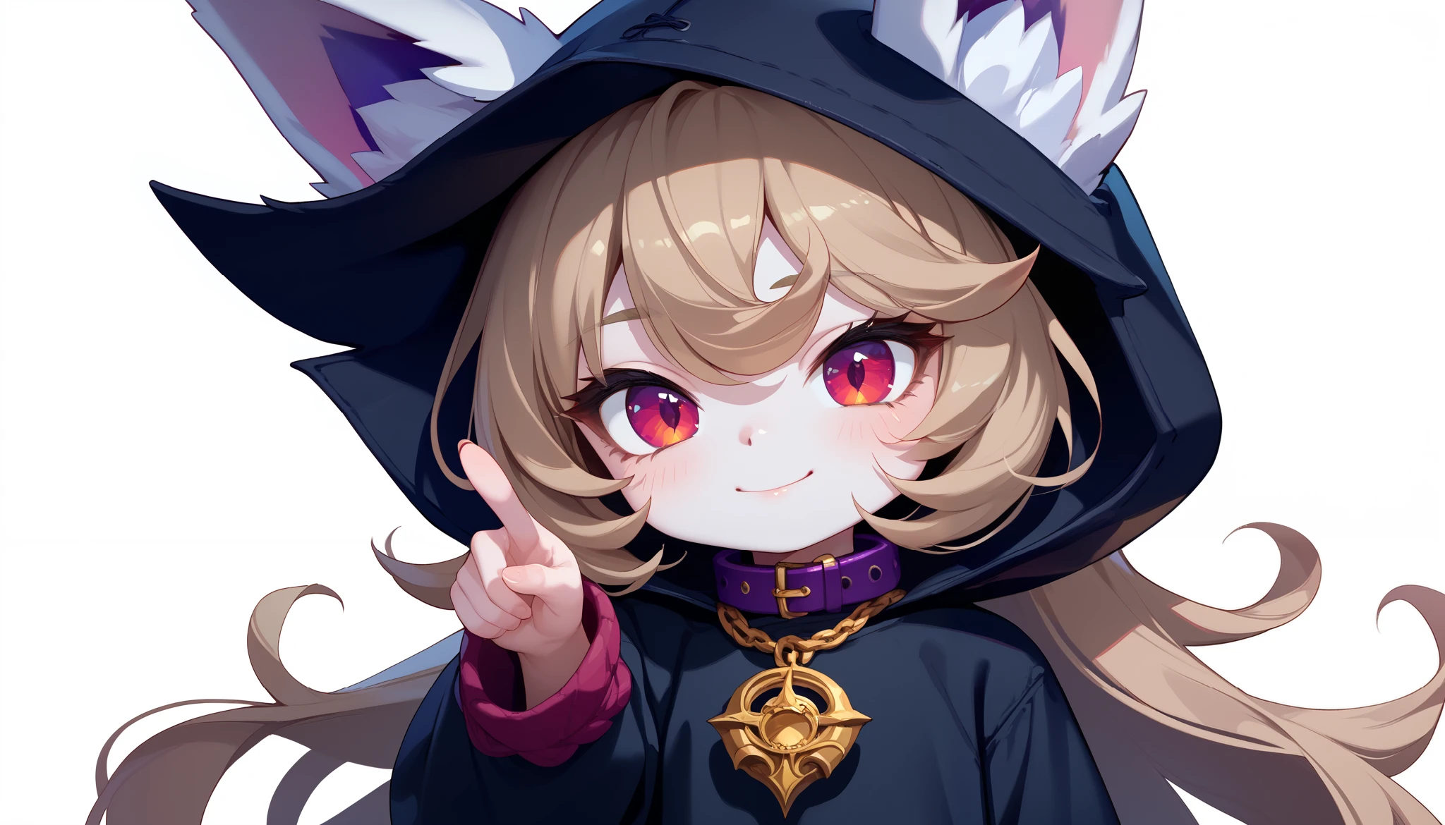 (masterpiece:1.3), (best quality:1.3), (very detailed), (anime style:0.1), game cg, anime coloring,((simple white background)),VexLoLXL,big eyes,yordle,shortstack,red eyes,((light brown hair,bangs,long hair)),shiny_skin,white_skin,white skin,black hood,hood up,ears through headwear,white animal ears,black shirt,purple collar,gold pendant top,long sleeves,black dress,long dress,bare hands,((solo)), 1girl,standing in front of a presentation board, pointing at the board with one hand, holding a notebook or clipboard in the other hand, friendly and engaging expression,smile