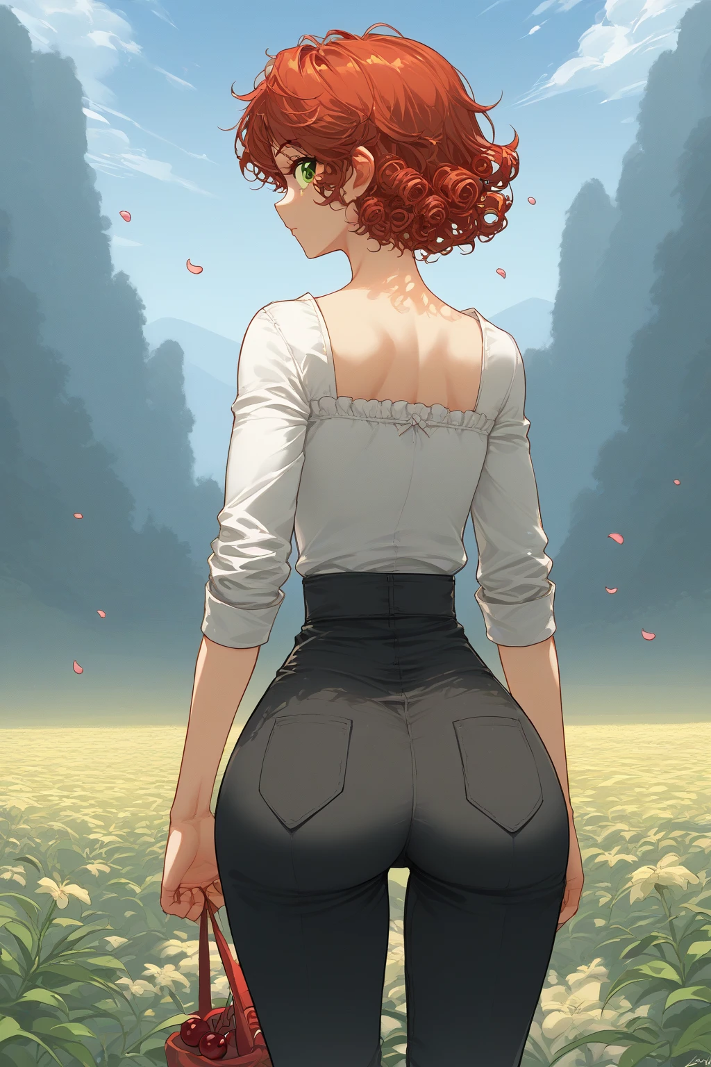 source_anime, score_9, score_8_,  a girl nSpenny Stardew,  green eyes ,  short hair,  red hair , toys,  curly hair, from behind, black legging pants and short yellow V-neck blouse with neckline,  looking back, spring, cherry petals , Outdoors your ass stands out on the dress,  PERKY ASS  ,  steep,Your dress is glued to the body,sexy,dress in the wind , ((woman))