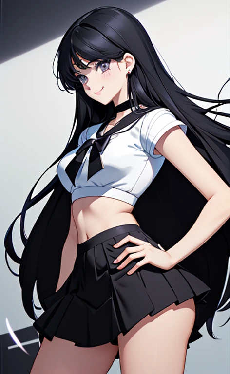 A teenage girl in a school uniforms, wearing a crop top, sleeveless, showing her midriff, short skirt, thighhighs, nsfw, masterpiece, best quality