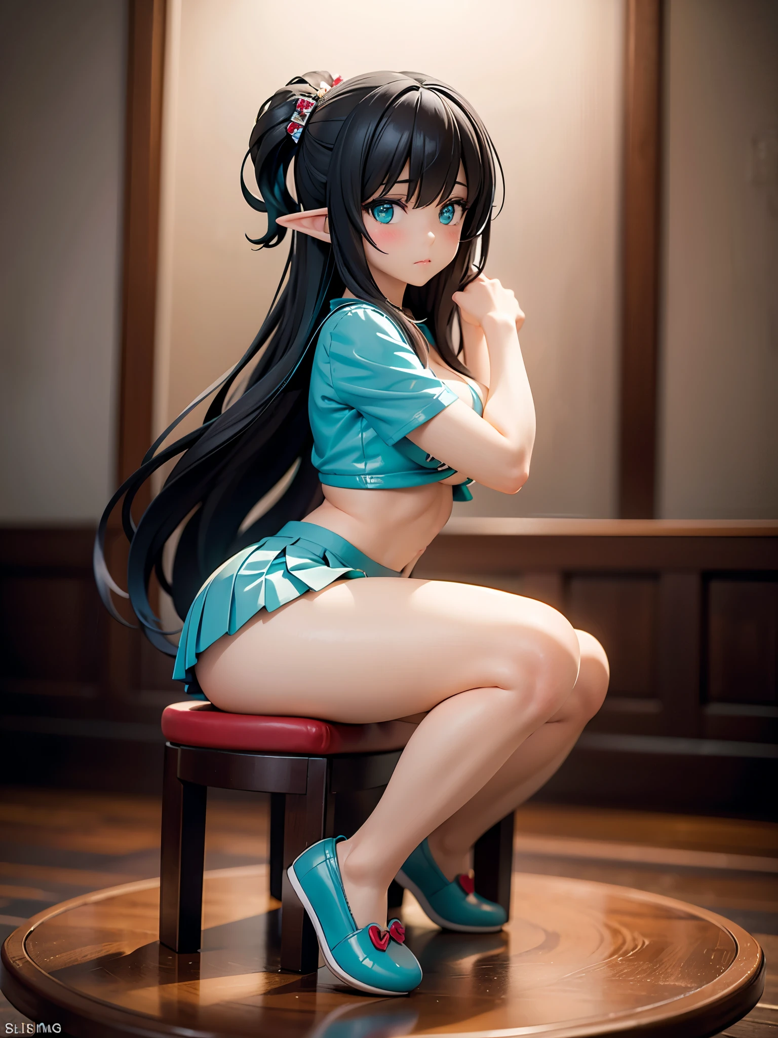 Detail image, realistic image, 1 elf. She has turquoise eyes with and long black hair, she has a delicate oval face, small breasts and a curvy body, thick thighs. she is blushing, She is wearing a crop top, tight pleated mini skirt, moccasins slippers. Ambient light. Volumetric Light
