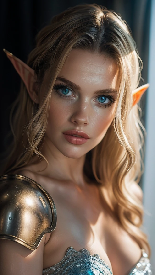 sexy elf girl, lake, beautiful stary night sky, cleavage, translucent transparent dress, super long light blonde hair, red lips, eye lashes, detailed face