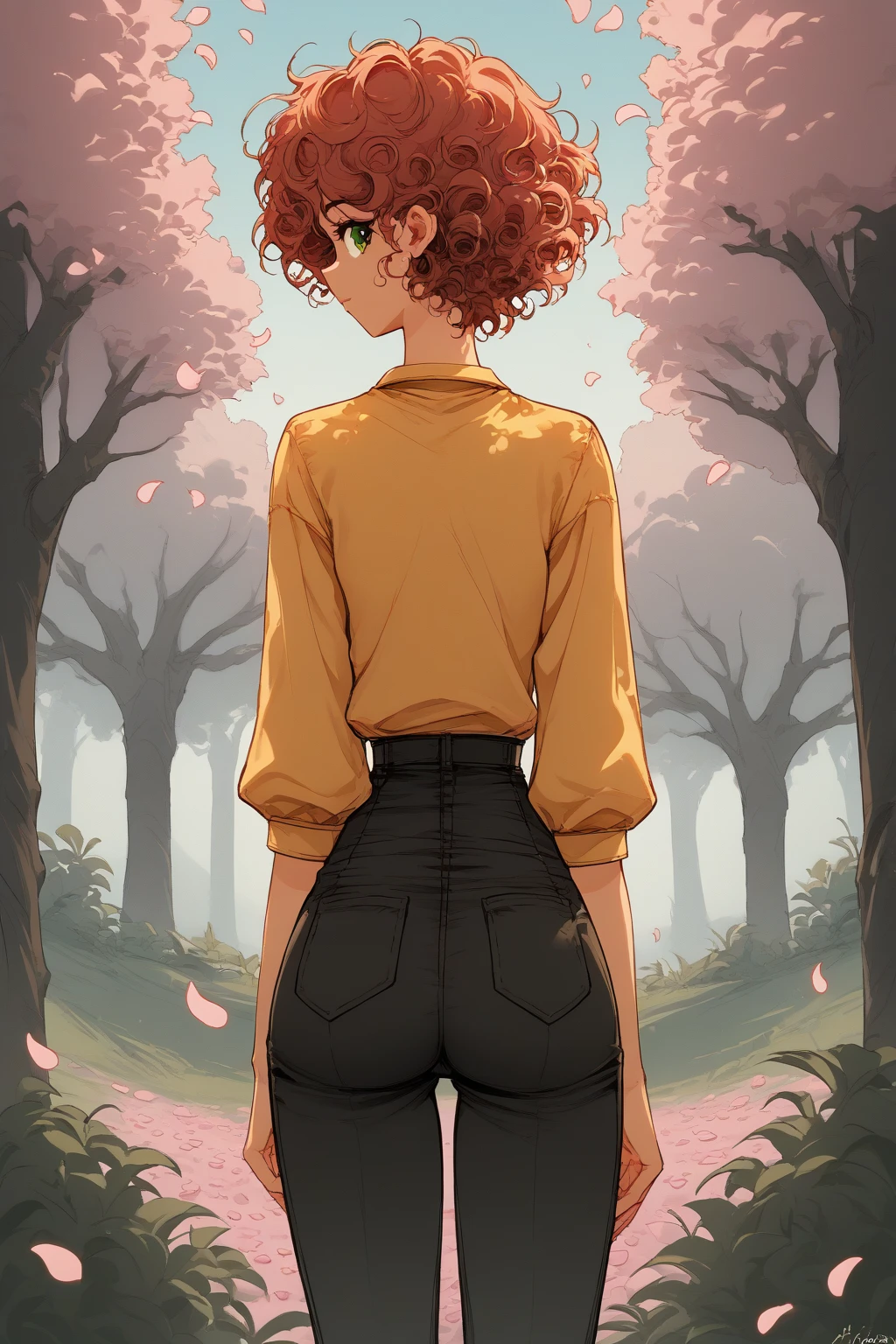 source_anime, score_9, score_8_,  a girl nSpenny Stardew,  green eyes ,  short hair,  red hair , toys,  curly hair, from behind, black legging pants and short yellow V-neck blouse with neckline,  looking back, spring, cherry petals , Outdoors your ass stands out on the dress,  PERKY ASS  ,  steep,Your dress is glued to the body,sexy,dress in the wind , ((woman))