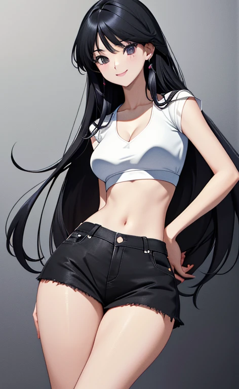 ((masterpiece,Highest quality;1.3,best illustration,realistic)),1woman、独奏,18 year old beauty,((very small head:1.4)),center parted hair,black hair,long hair,black eyes,gorgeous eyes,shy,smile,medium breasts,((very long body:1.5)),((toned body,slender body,skinny)),gleaming skin,shiny skin,oily skin,White tank top、navel、denim micro shorts、Simple bed、Simple bedroom、Dimly lit room、