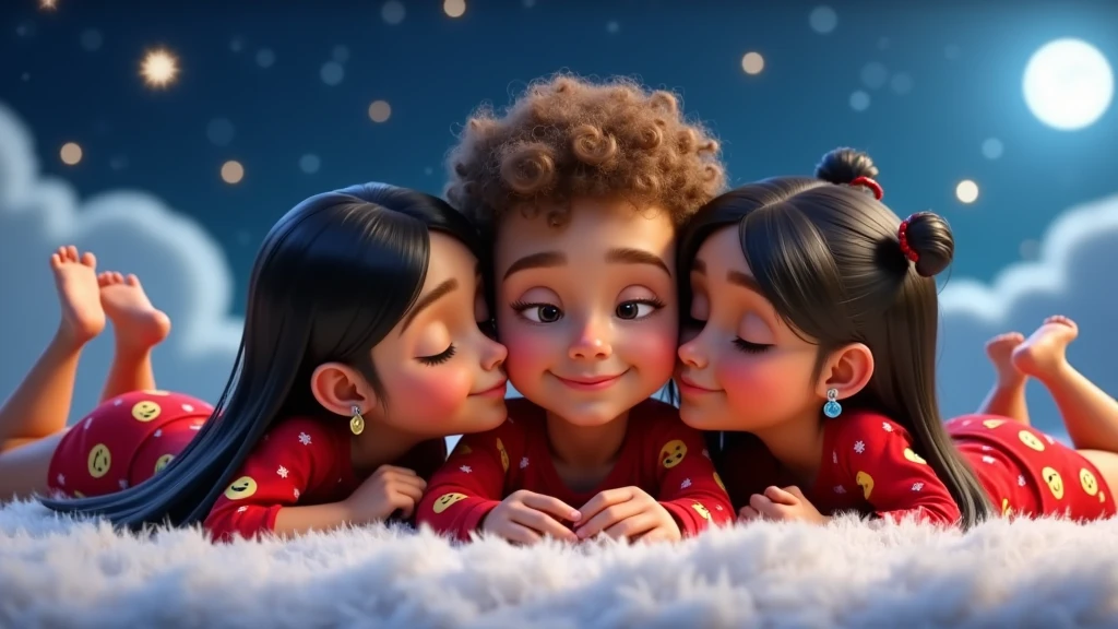 A 3D rendering of three Disney Pixar style girls sleeping in Christmas-themed pajamas. The pajamas are red with yellow emojis. The boy is in the center, between two girls who are directly sucking with their mouths something liquid that drips below the boy's navel. The girls' lips almost touch each other on purpose, the boy. The boy has very light brown, curly hair and tanned skin. On the left side we have a girl with straight black hair down to her waist and wearing a colorful feather earring, she is Brazilian Indian. The second girl has long black curly hair tied into two ponytails. The boy and girls are beautiful, sensual and seductive, they are definitely all sleeping peacefully, with their eyes closed and lying on a beautiful white carpet with a slight smile and leaning against each other. The background contains a bright star, a full moon and a sky full of stars. Babies are lying on white clouds. The image is high resolution and high quality. One of the girls caresses his male reproductive organ, which soon becomes rigid, attracting the attention of the other girl, who has her mouth very close to the area below the boy's navel.