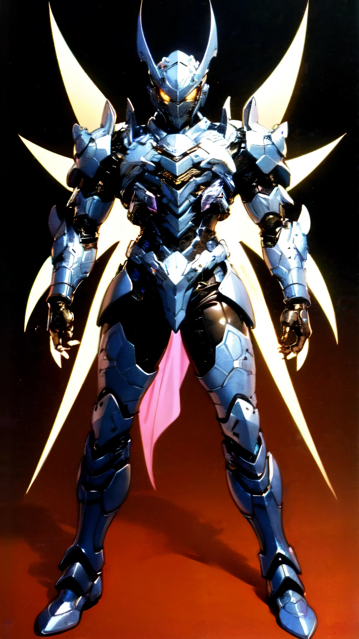 (masterpiece:1.5, best quality:1.5, extremely delicate:1.5), ((male:1.5)), a man wearing a full-face helmet, high-tech biomimetic armored combat suit, (a composite layered chest armor), the design balances heavy with agility, fully enclosed shoulder guards, matching arm and leg guards, a belt of gemstone, (the color scheme is primarily Red with Purple and Yellow accents, Organic Biotech, Concept Inspired by Vampire, glowing eyes, armor glows, huge cloak like devil wings), stand of a futuristic sci-fi city, this character embodies a finely crafted fantasy-style armored hero in anime style, exquisite and mature art style, metallic, high definition, highres, ultra-detailed, ultra-fine painting, professional, perfect body proportions, golden ratio, anatomically correct, symmetrical face, extremely detailed eyes and face, high quality eyes, creativity, RAW photo, UHD, 32k, Natural light, cinematic lighting, (masterpiece-anatomy-perfect:1.2)