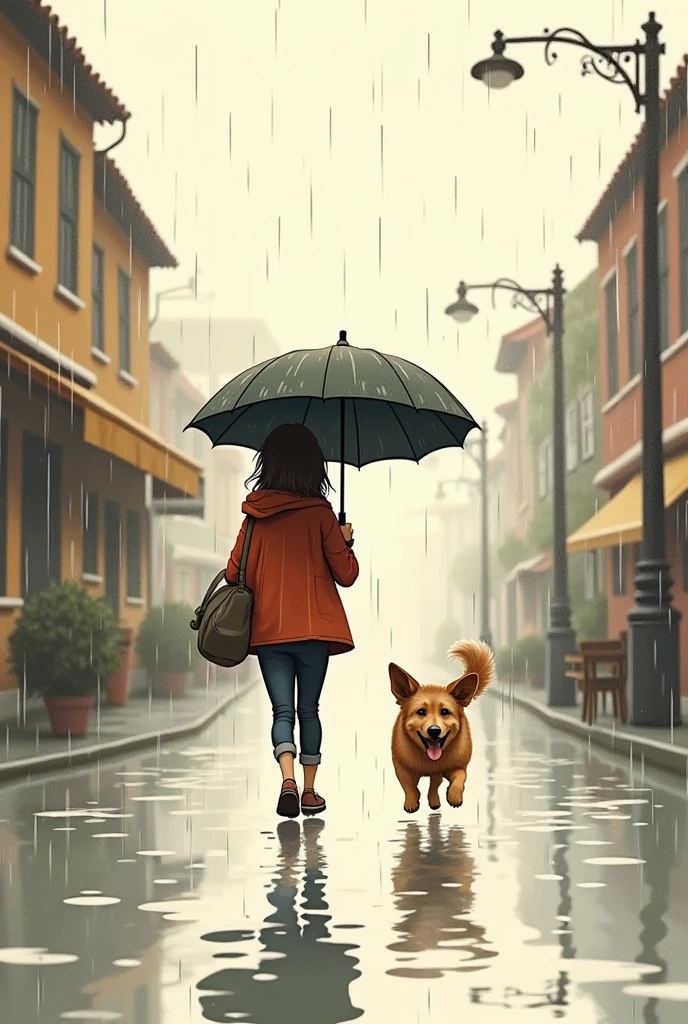 Simple drawing of a person with an umbrella and their dog walking in the rain