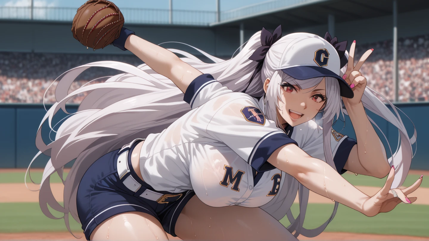 Source anime, Tall girl, Fit girl,score_9, score_8_up, score_7_up, score_6_up, uncensored, alexia midgar, long hair, very long hair, black hair ribbon, white hair, red eyes, sidelocks, ribbon, large breast, gyaru, 1girl, baseball_uniform, hat, sportswear, shorts, breasts, belt, baseball_cap, large_breasts, open_mouth, sweat, pantyhose, solo_focus, thighs, clothes_writing, smile