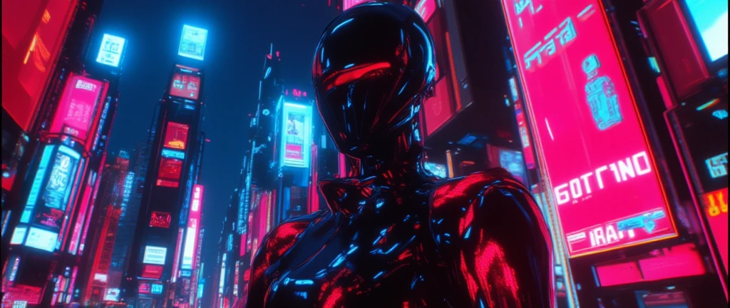 The image depicts a futuristic, neon-lit cityscape with vibrant red and blue lighting. A person with short, light-colored hair is wearing a black, sequined outfit and a dark, glossy helmet with a visor. The background features tall buildings adorned with digital screen displays and illuminated text.