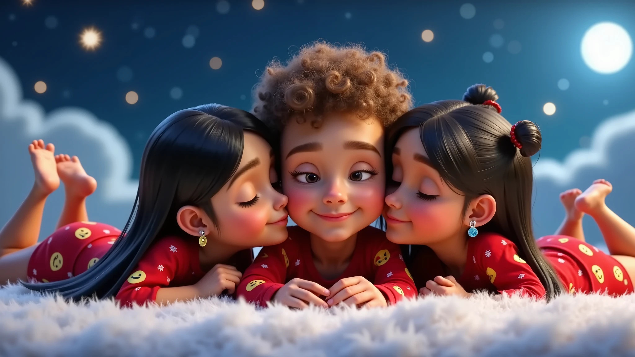 A 3D rendering of three Disney Pixar style girls sleeping in Christmas-themed pajamas. The pajamas are red with yellow emojis. The boy is in the center, between two girls who are directly sucking with their mouths something liquid that drips below the boy's navel. The girls' lips almost touch each other on purpose, the boy. The boy has very light brown, curly hair and tanned skin. On the left side we have a girl with straight black hair down to her waist and wearing a colorful feather earring, she is Brazilian Indian. The second girl has long black curly hair tied into two ponytails. The boy and girls are beautiful, sensual and seductive, they are definitely all sleeping peacefully, with their eyes closed and lying on a beautiful white carpet with a slight smile and leaning against each other. The background contains a bright star, a full moon and a sky full of stars. Babies are lying on white clouds. The image is high resolution and high quality. One of the girls caresses his male reproductive organ, which soon becomes rigid, attracting the attention of the other girl, who has her mouth very close to the area below the boy's navel.