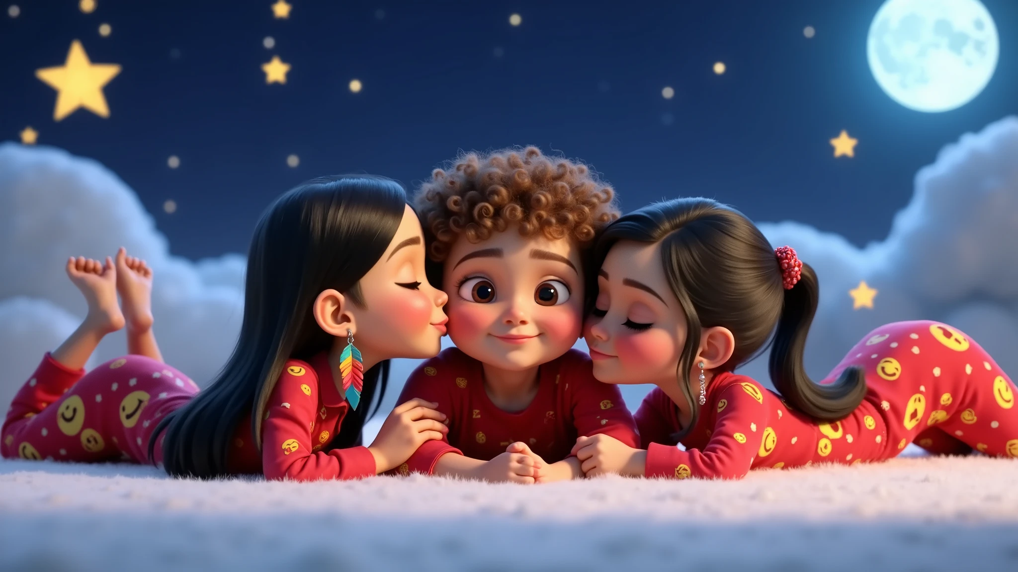 A 3D rendering of three Disney Pixar style girls sleeping in Christmas-themed pajamas. The pajamas are red with yellow emojis. The boy is in the center, between two girls who are directly sucking with their mouths something liquid that drips below the boy's navel. The girls' lips almost touch each other on purpose, the boy. The boy has very light brown, curly hair and tanned skin. On the left side we have a girl with straight black hair down to her waist and wearing a colorful feather earring, she is Brazilian Indian. The second girl has long black curly hair tied into two ponytails. The boy and girls are beautiful, sensual and seductive, they are definitely all sleeping peacefully, with their eyes closed and lying on a beautiful white carpet with a slight smile and leaning against each other. The background contains a bright star, a full moon and a sky full of stars. Babies are lying on white clouds. The image is high resolution and high quality. One of the girls caresses his male reproductive organ, which soon becomes rigid, attracting the attention of the other girl, who has her mouth very close to the area below the boy's navel.