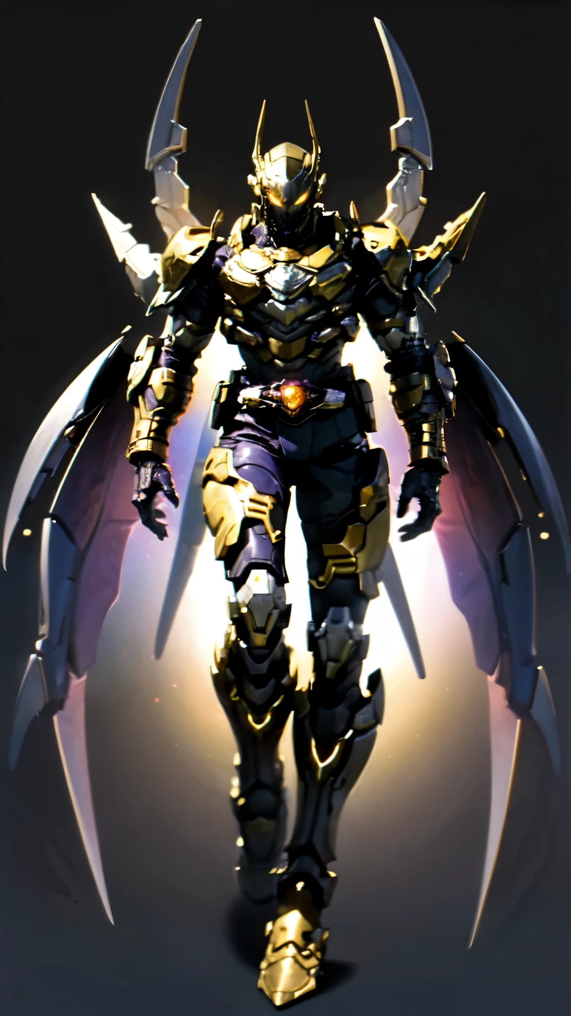 (masterpiece:1.5, best quality:1.5, extremely delicate:1.5), ((male:1.5)), a man wearing a full-face helmet, high-tech biomimetic armored combat suit, (a composite layered chest armor), the design balances heavy with agility, fully enclosed shoulder guards, matching arm and leg guards, a belt of gemstone, (the color scheme is primarily Red with Purple and Yellow accents, Organic Biotech, Concept Inspired by Vampire, glowing eyes, armor glows, huge cloak like devil wings), stand of a futuristic sci-fi city, this character embodies a finely crafted fantasy-style armored hero in anime style, exquisite and mature art style, metallic, high definition, highres, ultra-detailed, ultra-fine painting, professional, perfect body proportions, golden ratio, anatomically correct, symmetrical face, extremely detailed eyes and face, high quality eyes, creativity, RAW photo, UHD, 32k, Natural light, cinematic lighting, (masterpiece-anatomy-perfect:1.2)