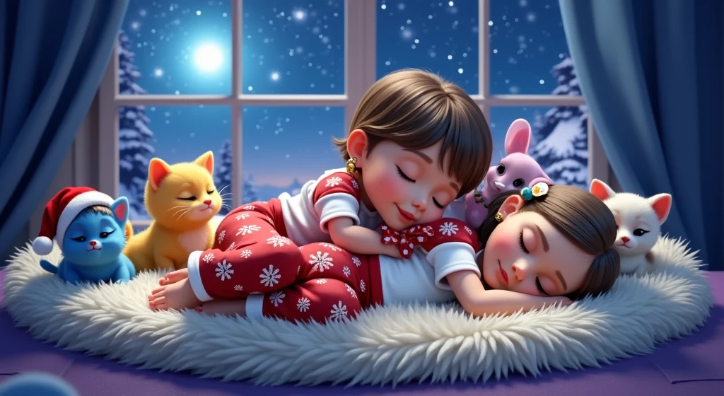 An enchanting 3D scene inspired by Disney Pixar movies, posters, and characters, rendered in high resolution and top quality. Two  siblings are lying on a fluffy white rug, peacefully sleeping with their eyes closed, lovingly hugging each other. The boy is dressed in a white T-shirt, red pajama pants with Christmas-themed patterns, a red sweatshirt, and white Christmas socks. The girl is also wearing a white T-shirt, red pajama pants with Christmas-themed patterns, a red sweatshirt, and white Christmas socks. She has a colorful feather earring.

In the background, a large window showcases a stunning starry night, with one star shining much brighter than the others. On the rug, sleeping beside the ren with their eyes closed, are four adorable  animals in Christmas outfits: a blue kitten, a yellow kitten wearing a red and white cap with a bell design, a pink kitten, and a Lhasa Apso puppy, white with caramel spots on its eyes and paws. The entire setting is imbued with a magical Christmas atmosphere, featuring cozy and heartwarming details that highlight the festive spirit. Everyone in the scene, both ren and animals, is lying down and peacefully sleeping with serene expressions.