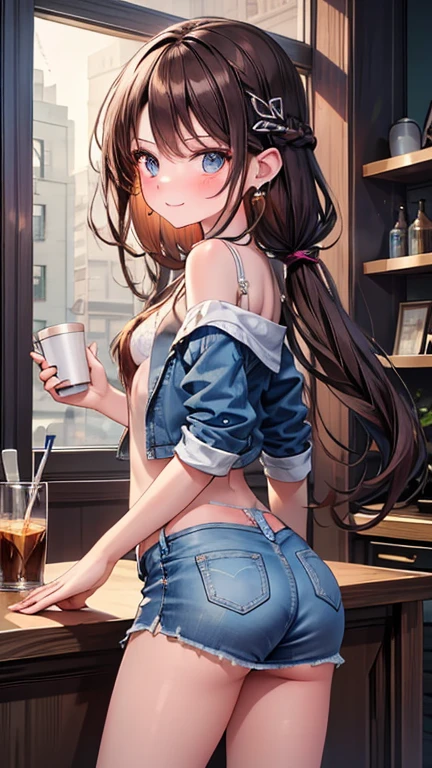 High resolution, high quality, One girl, Anime Girls,Brown long hair, Brown eyes, Pink Glasses,heart shaped pupils,Sunburned skin, Large Breasts,beautiful breasts,pointy breasts,(Big Ass),beautiful ass,Embarrassed,Tank Top,jeans,Back Pose,lower body,sweat,wet,sitting,open legs,cherryblossom,at cafe,(lemon juice),(orange juice),(Pineapple juice),(Mango juice),(water),