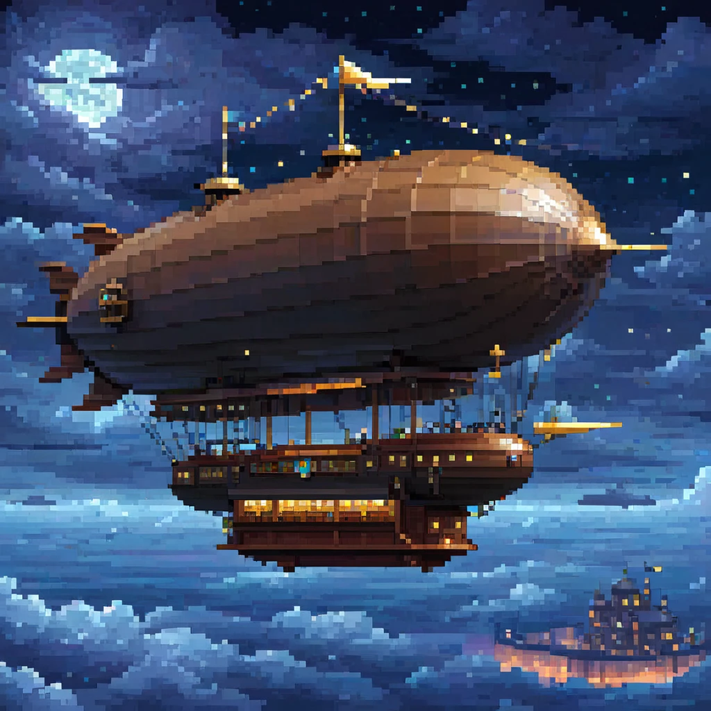 pixel art, 1 a dirigible airship fantasy, night, clouds, stars, surround sky,