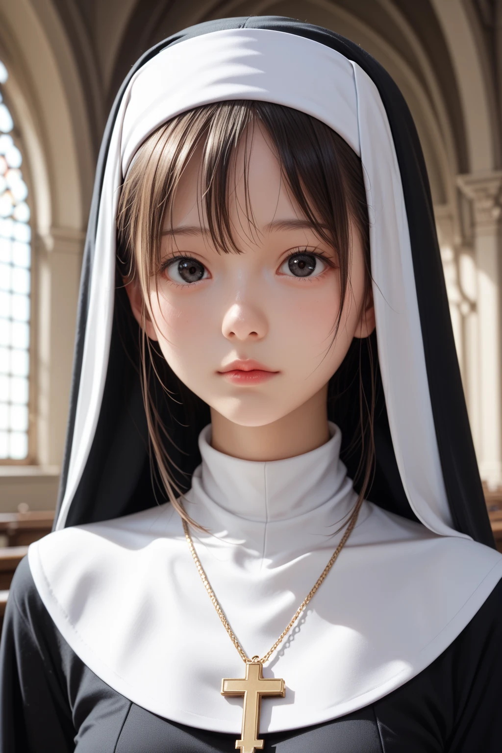 score_9,score_8_up,score_7_up,BREAK, rating_safe,source_real,one girl,tiny,slender,cowboy_shot,small face,round face,beautiful eyes,tareme,black eyes,nun costume,looking at viewer,medium breasts,indoors