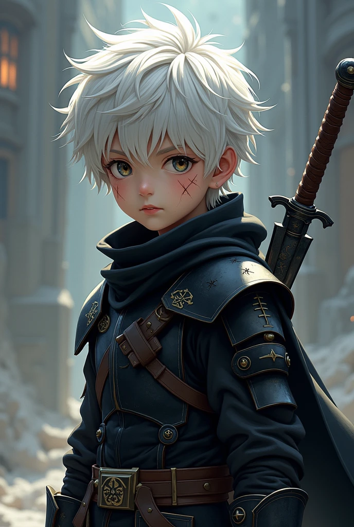 Short grey hair、Red Eyes、A fearless face、Black clothing with leather hood、Wearing gloves、Holding a medieval sword、One caucasican boy Swordsman、12 year、combat style