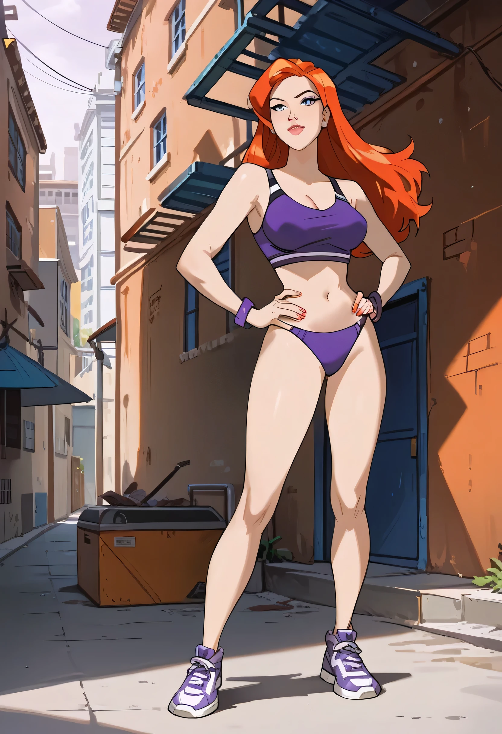 Masterpiece, best quality, Masterpiece, best quality, 1 woma , long orange hair , lips , purple bikini , big breasts , abdomen , hands on your hips.. , thighs , long legs , sneakers , alley background , anime coloring,