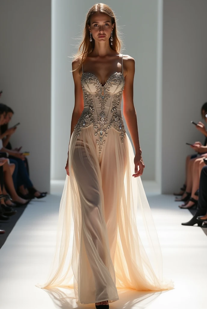 (Sexy),Fashion runway,fashion show,detailed, Emilia Clarke wearing sexy fashion dresses,