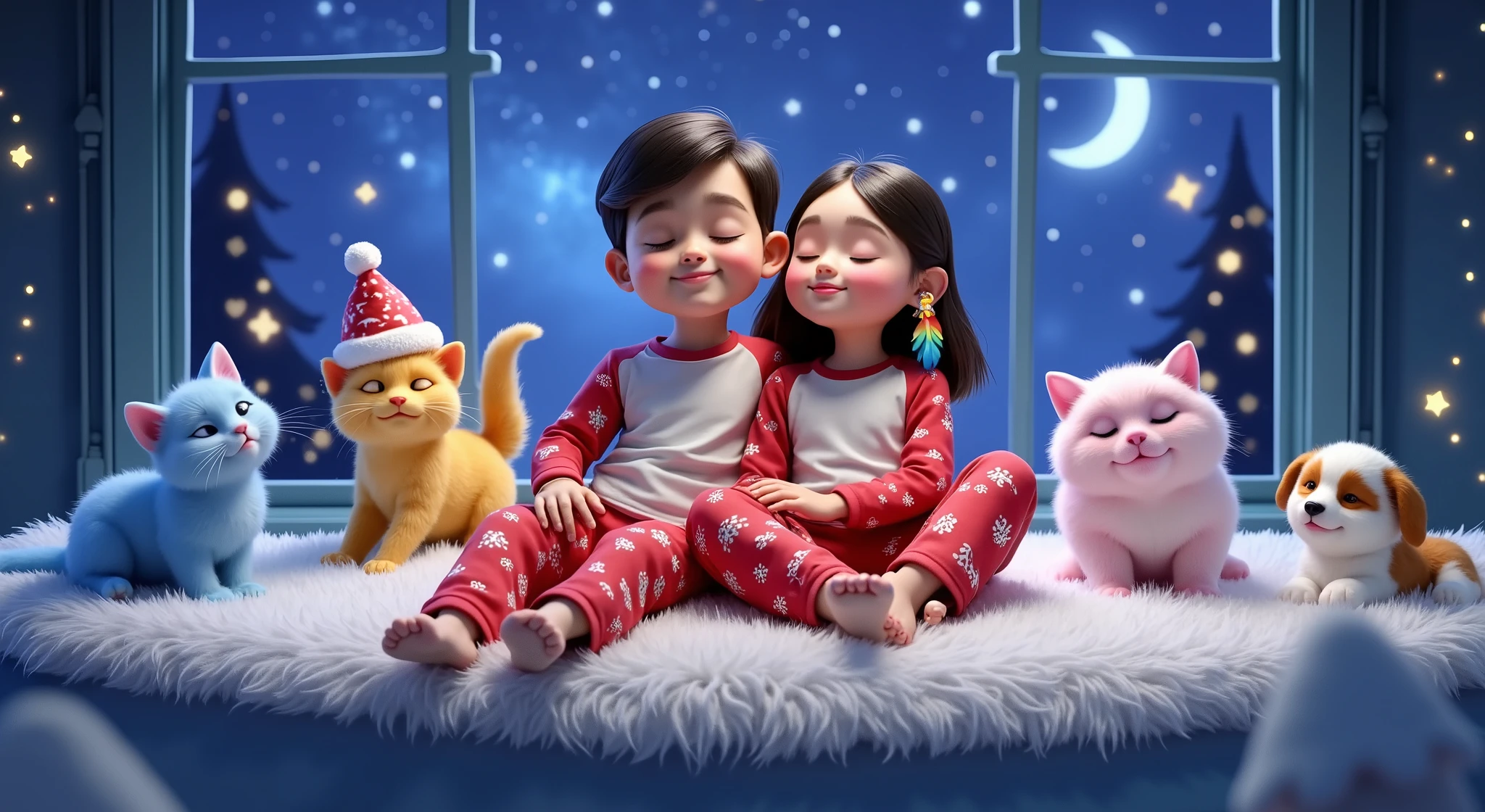 An enchanting 3D scene inspired by Disney Pixar movies, posters, and characters, rendered in high resolution and top quality. Two  siblings are lying on a fluffy white rug, peacefully sleeping with their eyes closed, lovingly hugging each other. The boy is dressed in a white T-shirt, red pajama pants with Christmas-themed patterns, a red sweatshirt, and white Christmas socks. The girl is also wearing a white T-shirt, red pajama pants with Christmas-themed patterns, a red sweatshirt, and white Christmas socks. She has a colorful feather earring.

In the background, a large window showcases a stunning starry night, with one star shining much brighter than the others. On the rug, sleeping beside the ren with their eyes closed, are four adorable baby animals in Christmas outfits: a blue kitten, a yellow kitten wearing a red and white cap with a bell design, a pink kitten, and a Lhasa Apso puppy, white with caramel spots on its eyes and paws. The entire setting is imbued with a magical Christmas atmosphere, featuring cozy and heartwarming details that highlight the festive spirit. Everyone in the scene, both ren and animals, is lying down and peacefully sleeping with serene expressions.