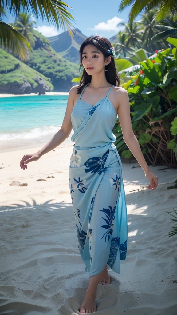 araffe milky white skin body Wearing a blue dress sexy on a beach, sarong, flowing realistic fabric, polynesian style, wearing floral chiton, realistic maya, very realistic, in style of paul gauguin, wearing a hawaiian dress, an ultra realistic, maya 8 k, really realistic, samoan features, near the beach, amazing depth
