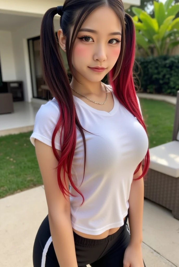 ((Best quality, 8k, masterpiece: 1.3)), zoom: 1.2, Body beauty: 4.4, buttocks: 5.2, ((Black two-tone, red haircut, breasts: 3.2 )), Elegant clothes, Very detailed skin texture and face, Beautiful eyes, Double eyelid, Faded skin, long hair, (shut up: 1.3) A beautiful girl Gial ("Breasts Large") (("bicolor black and red hair" "with pigtails"))((Wearing a t-shirt and leggings)) ((En su patio) (Realistic photo) (better quality) (With rings) (light brown eyes) (( special attention to two-color hair, black and red))