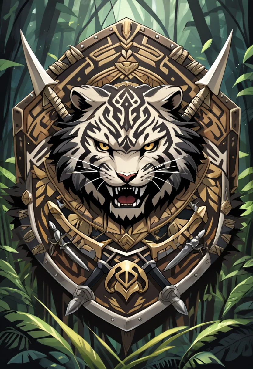 tribal jungle fantasy emblem/bone-like shield with only a saber-toothed tiger skull from frontwards and with obsidian spears around the shield
