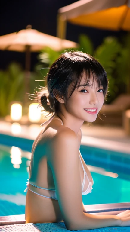 Highest quality、masterpiece、detailed、One person、sexy、Poolside、Night view、smile、neon