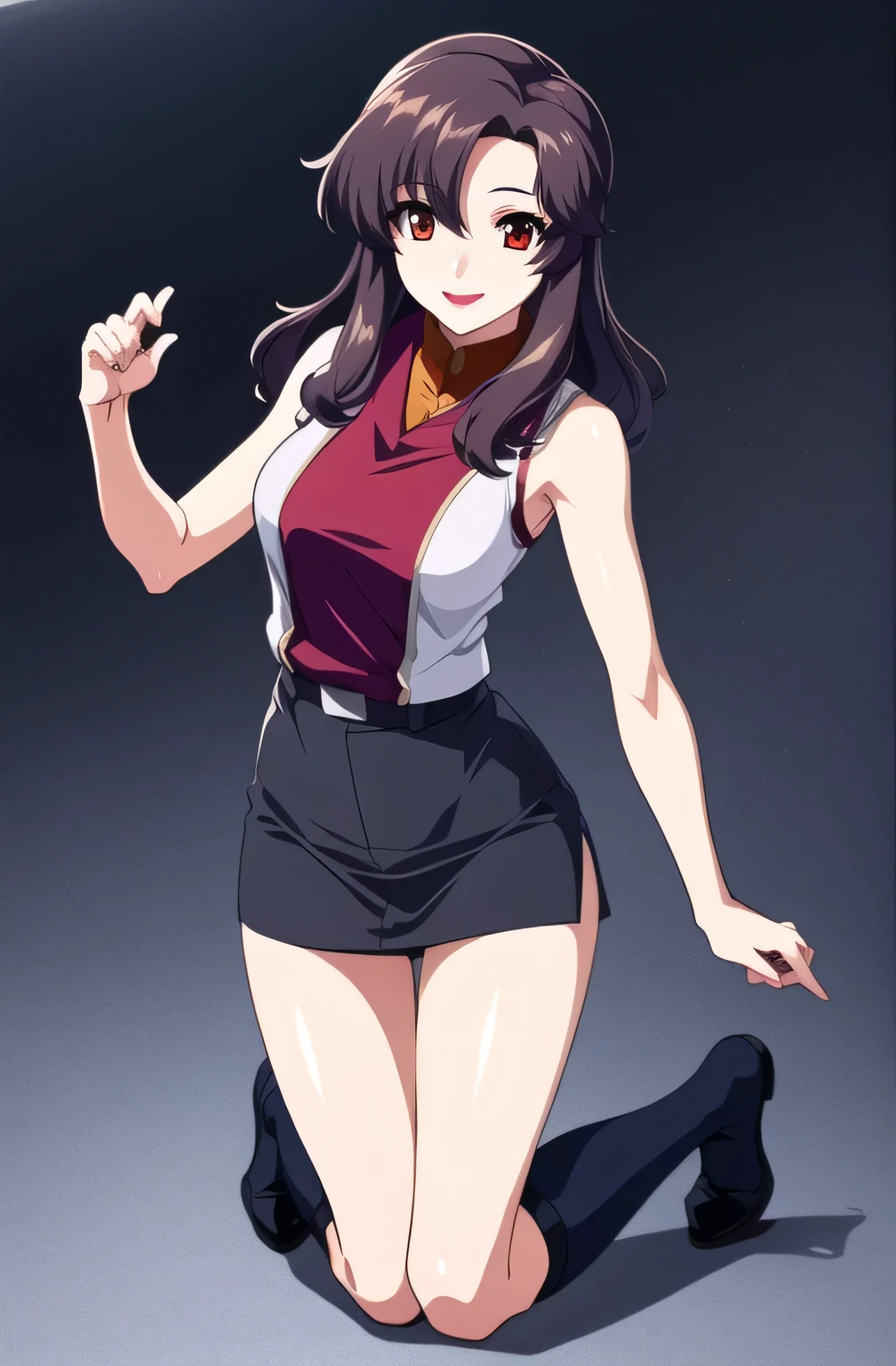 Yazawa nico, twintails, red eyes, small breasts, micro pencil skirt, police shirt,open shirt, sweating, thighs,thicc, curvy body, white gloves, police cap, standing, dynamic pose, areola slip