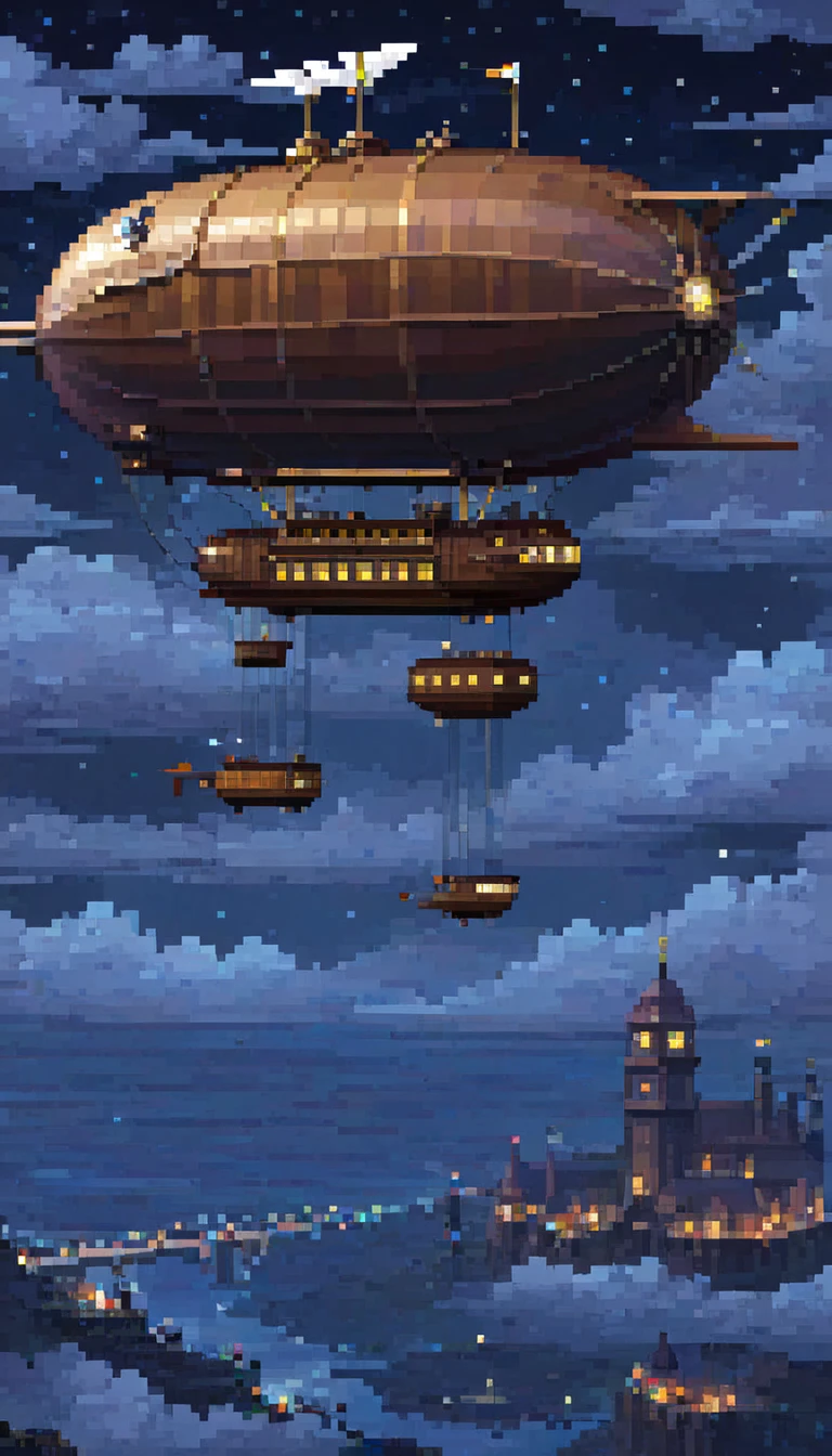 pixel art, 1 a dirigible airship adventure, night, clouds, stars, surround sky