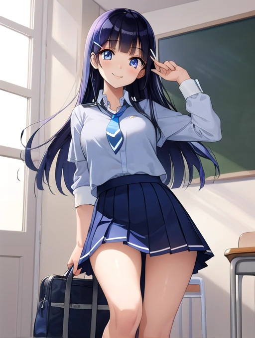  best quality,   Masterpiece ,  high definition ,   Details,   perfect anatomy  ,  aoki reika,   blue uniform,  blue tie,  pleated skirt ,  hair clip, School, smile,