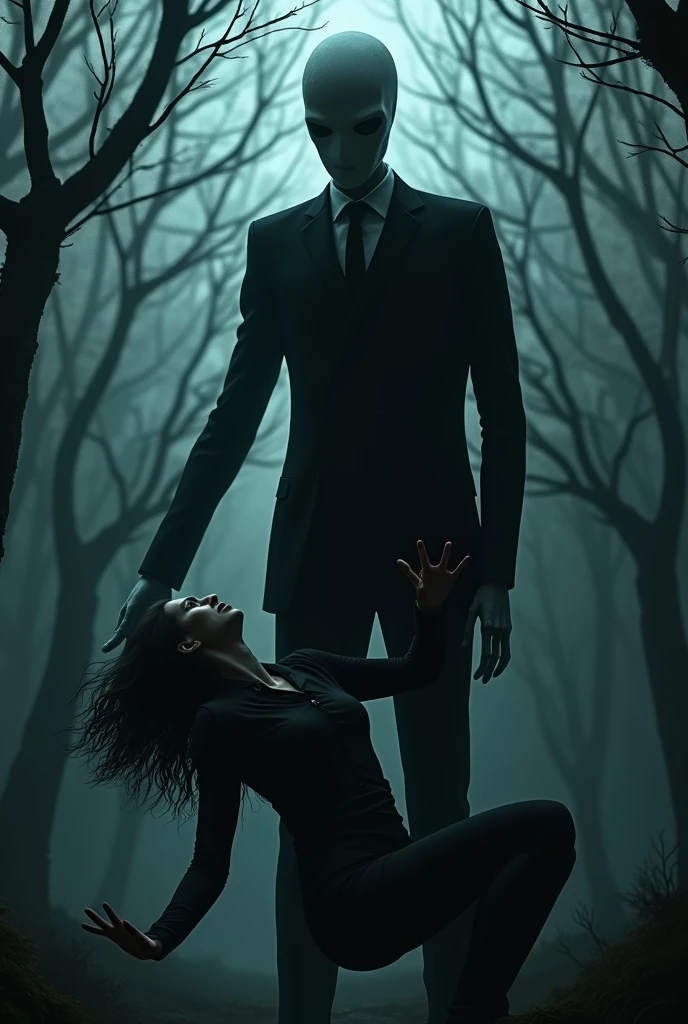 Terrifying man in a forest,in a black suit with satanic images,hands coming out of the ground,is a black woman tied to her knees on the floor 