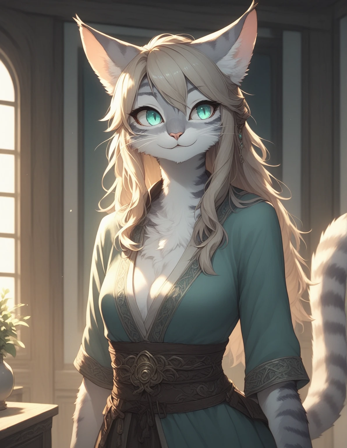 (hi res), ((masterpiece)) , ((best quality)),Solo, score_9,score_8_up,score_7_up, source_furry, Kat, Anthro furry feline girl, tall body, hourglass figure, adult female, blue eyes, silver fur, blonde hair with pony tail, (striped tail), white whiskers, pink nose, wearing simple blue long sleeve tunic, light brown fitted pants, barefoot, side photo,Look to the left.