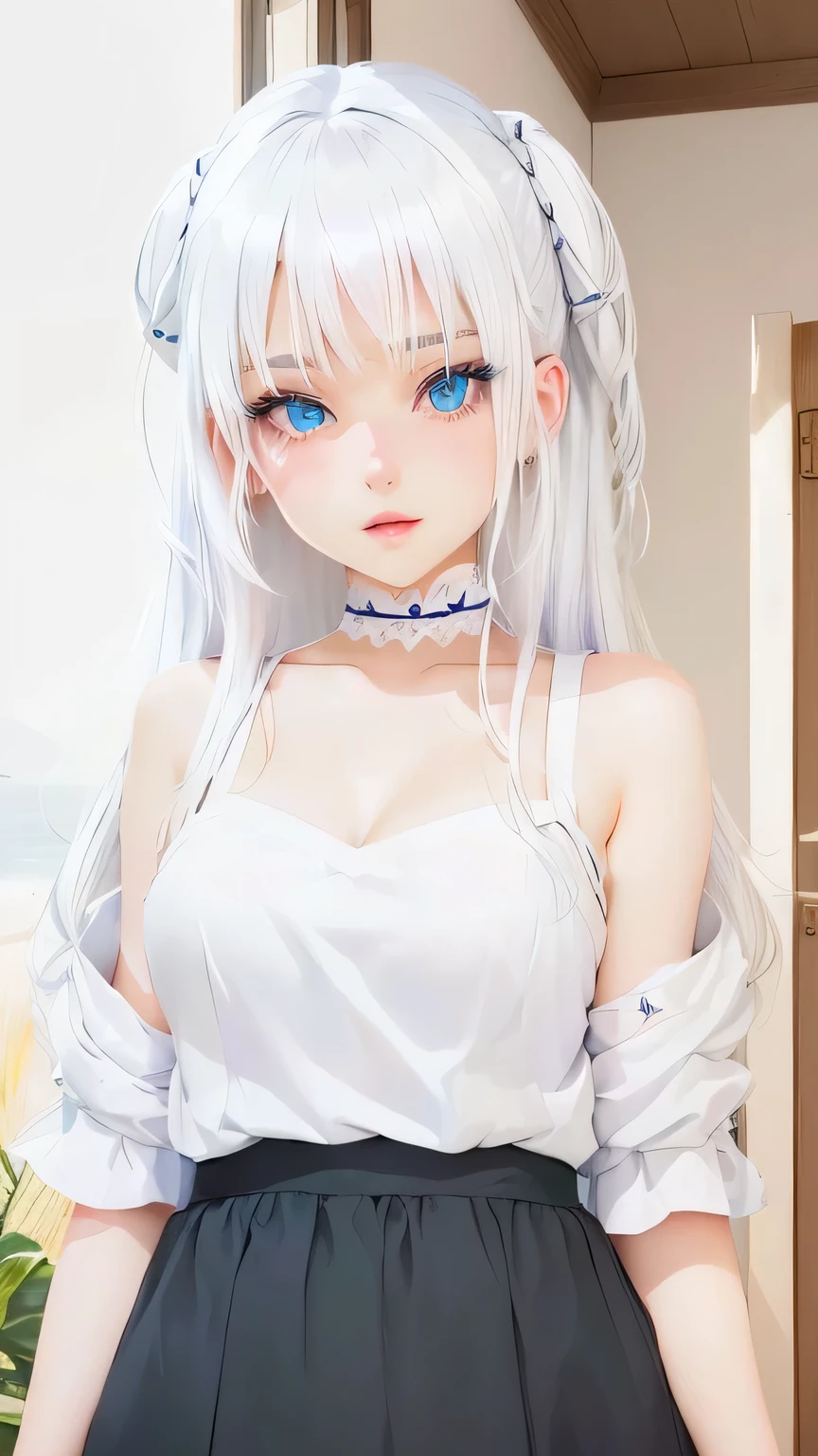 Anime style,(((White background:1.3)))、Best Quality, masuter piece, High resolution, albino girl、(((1girl in))), sixteen years old,(((eyes are white:1.3)))、robe blanche、((White shirt:1.3、White Block Dress)), Tindall Effect, Realistic, Shadow Studio,Ultramarine Lighting, dual-tone lighting, (High Detail Skins: 1.2)、Pale colored lighting、Dark lighting、 Digital SLR, Photo, High resolution, 4K, 8K, Background blur,Fade out beautifully、a white world、White background