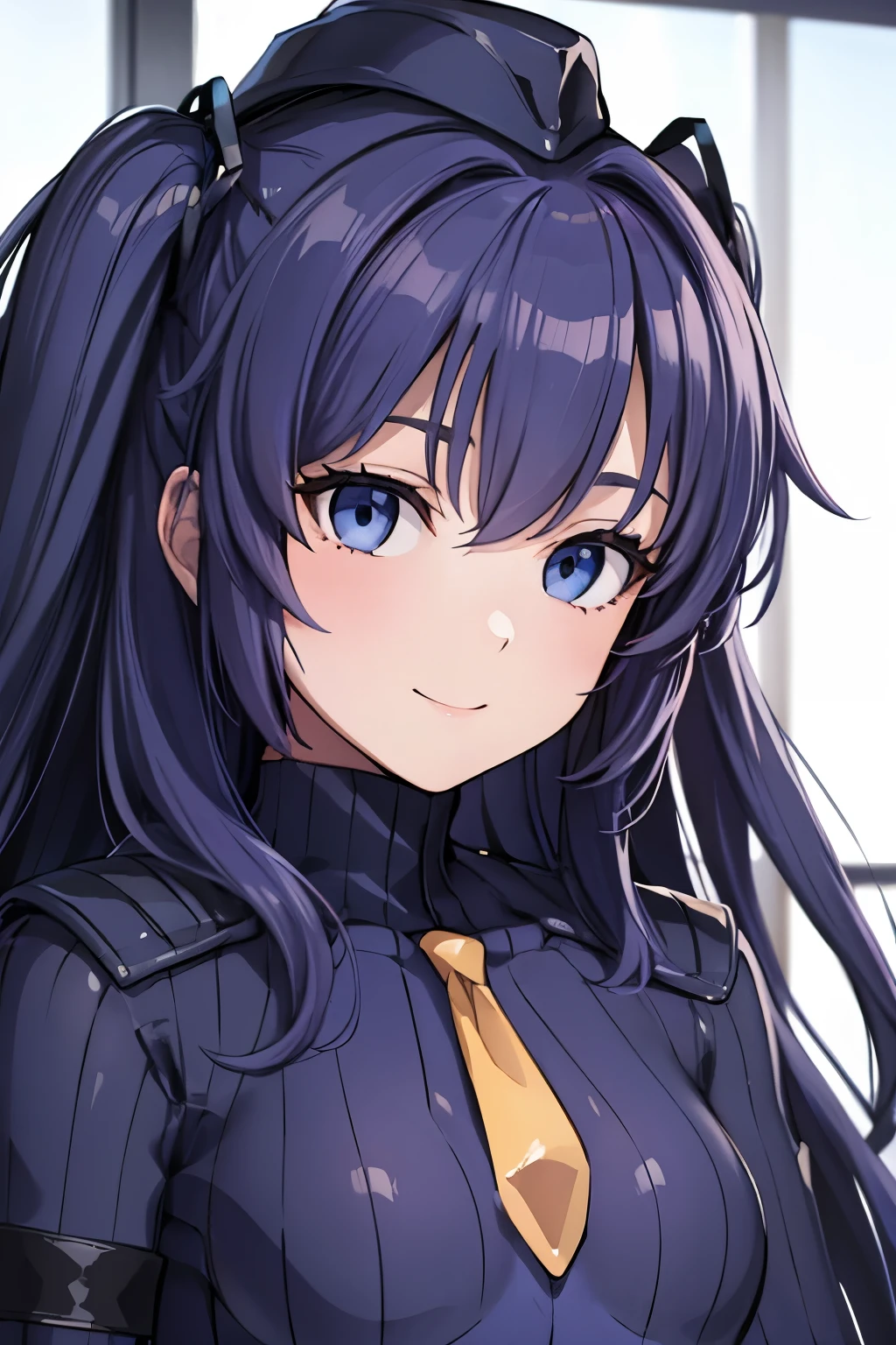 masterpiece, highest quality, (highest quality), (best illustrations), 8k,on the bed, {{{masterpiece}}}, {{{best quality}}}, {{Super detailed}}, {{very delicate and beautiful}},{{{best quality}}}, {{Super detailed}}, masterpiece, highest quality ,(high resolution),(ultra-detailliert), (highest quality), (best illustrations), 8k,{{{masterpiece}}}, {{{best quality}}}, {{Super detailed}},  {{{best quality}}}, {{Super detailed}},face close up,DOLLSUIT,black DOLLSUIT , yuuka, blue eyes, purple hair, two side up, long hair,smile 