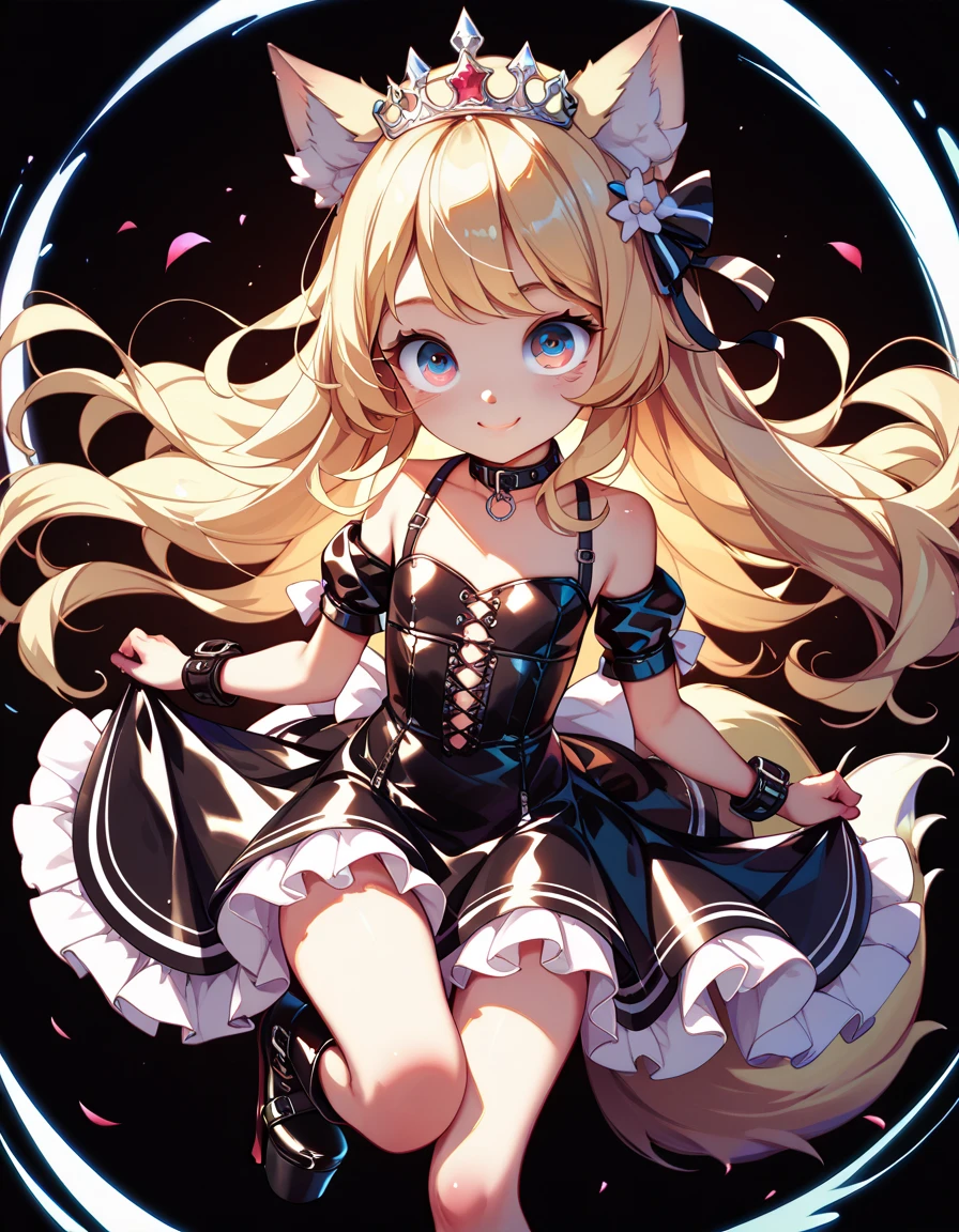  high image quality、 High Quality 、  girl、 big eyes、Droopy eyes、smile、Pure、crown、Wolf ears、Wolf Tail、Blonde、Platform boots、princess、 leather bondage dress