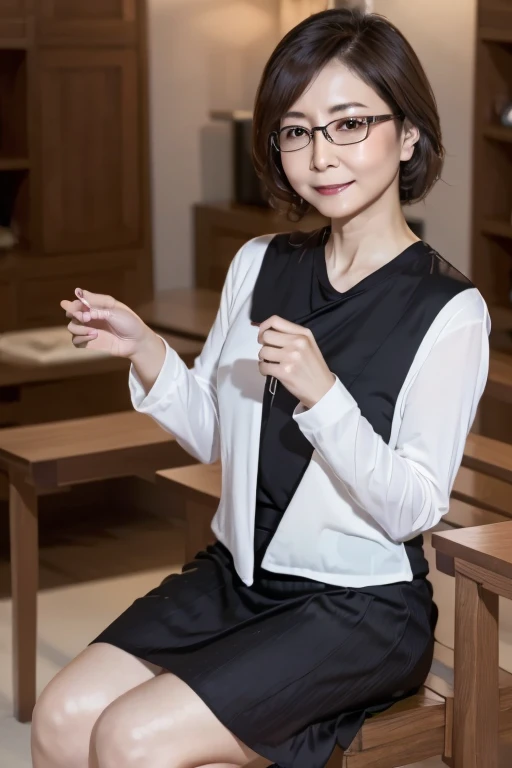 (( best quality)), ((傑 best quality、masterpiece、High sensitivity、 high definition 、 Details、 Delicate Facial Description)), Slender woman、Glasses、 Mini Skirt、Holding my knees、sit、