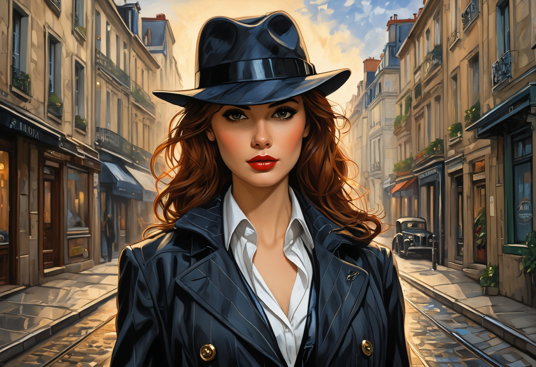 Style (cover art:1.3) of a young woman standing, (solo, portrait), medium shot, (front-view:1.3), (beautiful detailed face), she wearing detective style clothing, comic, {style of Arthur Adams|(style of Leonid Afremov:1.1)|style of Jay Anacleto}, set in French, (secluded streets:1.4), train in background, intricate detailed, high-resolution image